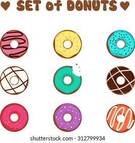 Set of cartoon colorful donuts. Vector illustration, isolated on white. Top view