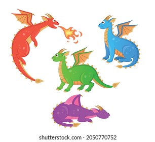 Juego de dibujos animados coloridos. Reptiles de cuento de hadas. Ilustración de fantasía de carácter animal.