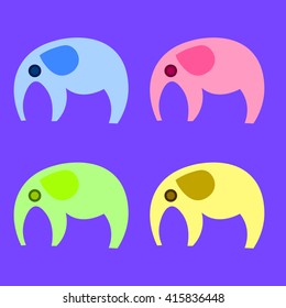 Set of cartoon colorful elephants: illustrations, icons, children-oriented advertisement template