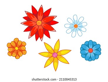 Set of cartoon colorful flowers, orange, red, white and others. Collection of floral decor to decorate cards, invitations, textiles. Vector cute art with outline