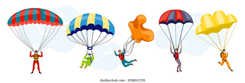 Set of cartoon colorful free fall people vector flat illustration. Extreme sport. Young wingsuit jumper. Active recreation. Skydiving theme