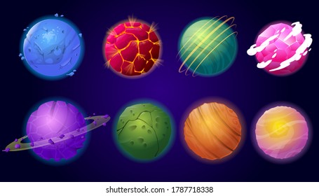 Set of cartoon colorful planets on space background. Collection celestial bodies. Funny elements for another universe design. Vector illustration