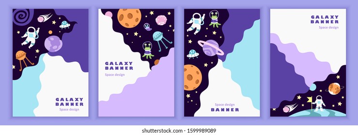 Set of cartoon colorful templates for flyers, banners, covers, posters. Space, planets and stars. Flat vector illustration. Place for your text. Modern design.