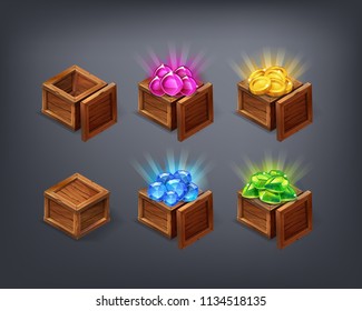 Set of cartoon colorful treasure box empty, closed and full with green, blue, pink gems and golden coins. Vector illustration.