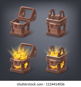 Set of cartoon colorful treasure chest empty, closed and full with golden coins. Vector illustration.