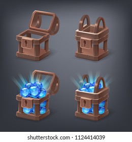 Set of cartoon colorful treasure chest empty, closed and full with blue gems. Vector illustration.
