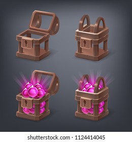 Set of cartoon colorful treasure chest empty, closed and full with pink gems. Vector illustration.