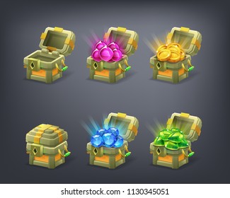 Set of cartoon colorful treasure chest empty, closed and full with green, blue, pink gems and golden coins.. Vector illustration.