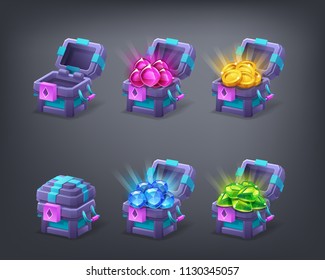 Set of cartoon colorful treasure chest empty, closed and full with green, blue, pink gems and golden coins.. Vector illustration.