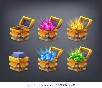Set of cartoon colorful treasure chest empty, closed and full with green, blue, pink gems and golden coins.. Vector illustration.