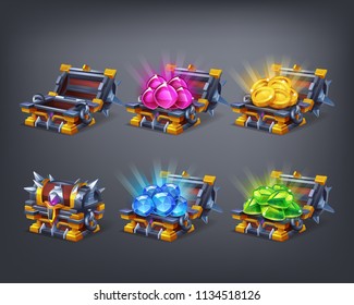 Set of cartoon colorful treasure chest empty, closed and full with green, blue, pink gems and golden coins. Vector illustration.