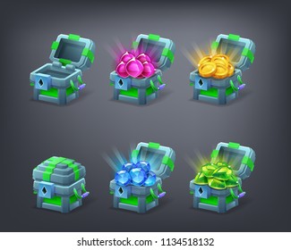 Set of cartoon colorful treasure chest empty, closed and full with green, blue, pink gems and golden coins. Vector illustration.