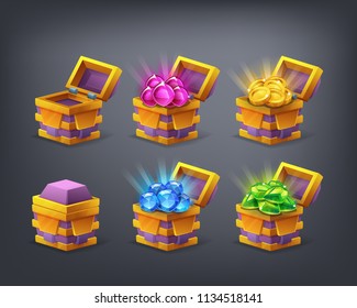 Set of cartoon colorful treasure chest empty, closed and full with green, blue, pink gems and golden coins. Vector illustration.