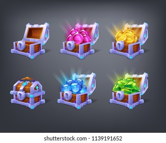 Set of cartoon colorful treasure chest empty, closed and full with green, blue, pink gems and golden coins. Vector illustration.