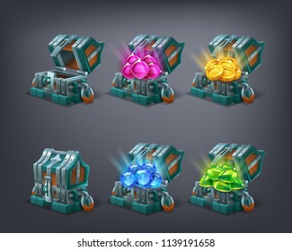 Set of cartoon colorful treasure chest empty, closed and full with green, blue, pink gems and golden coins. Vector illustration.