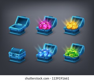 Set of cartoon colorful treasure chest empty, closed and full with green, blue, pink gems and golden coins. Vector illustration.