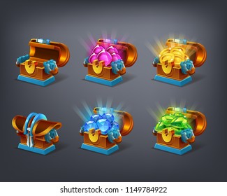 Set of cartoon colorful treasure chest empty, closed and full with green, blue, pink gems and golden coins. Vector illustration.