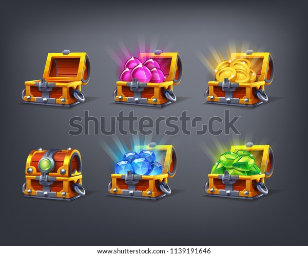 Set of cartoon colorful treasure chest\
empty, closed and full with green, blue, pink gems and golden\
coins. Vector\
illustration.