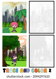 set of cartoon coloring pages ,Trace and color, sea ,park, city Collection of 2 illustrations. Coloring book. vector Illustration for children 2