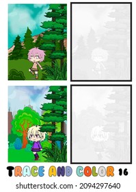 set of cartoon coloring pages ,Trace and color, sea ,park, city Collection of 2 illustrations. Coloring book. vector Illustration for children 16