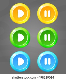 Set of Cartoon Colors Buttons. Vector ui for game or web. Button play and stop..