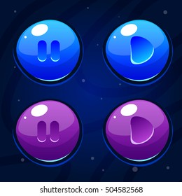 Set of cartoon colors game buttons. Glassy Buttons Play and Stop for game or web design. Buttons on dark background.Vector game ui.