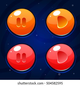 Set of cartoon colors game buttons. Glassy Buttons Play and Stop for game or web design. Buttons on dark background.Vector game ui.