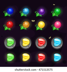 Set of cartoon colors gems and button play. Button play in stone. Vector gui assets collection for game design.