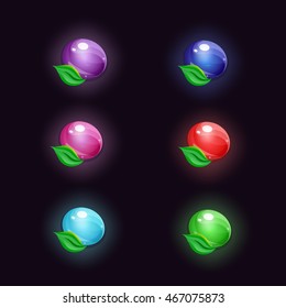 Set of cartoon colors gems with leaves.Vector gui assets collection for game design