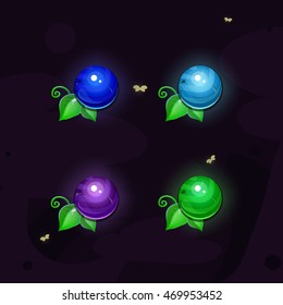 Set of cartoon colors gems with leaves.Vector gui assets collection for game design.Fairy elements.