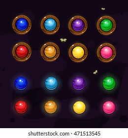 Set of cartoon colors gems and wood buttons with gems middle.Vector gui assets collection for game design.