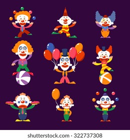 Set of cartoon colourful clows on the stage vector illustration collection