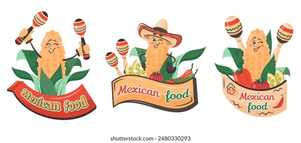 Set of cartoon comic character. Ripe corn with maracas, sombrero, fresh vegetables, leaves. Mexican food text on frame. Vector illustration for dishes, menu, poster, flyer, banner, delivery, cooking