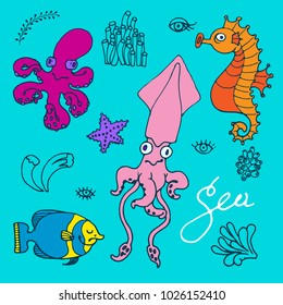 Set of cartoon comic doodle sea creatures. Vector hand drawn illustration.