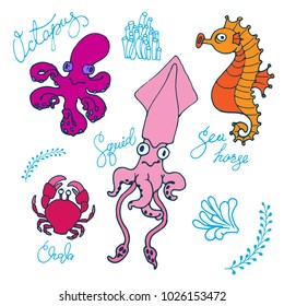 Set of cartoon comic doodle sea creatures. Vector, hand drawn. Isolated on white background.