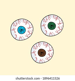 Set of cartoon comic eyes. Three colors of eyeball. Blue, brown and green retina. Hand drawn anatomy illustration.