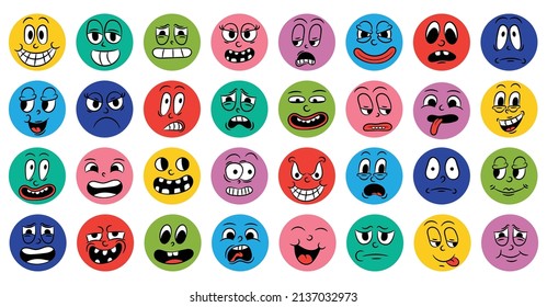 Set of cartoon comic funny faces in retro style with different expressions of emotions. Abstract round icons of heads of emotional characters. Emoji people animation in 20s 30s style. vector.