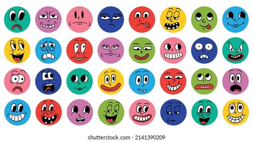 Set of cartoon comic funny faces in retro style with different expressions of emotions. Abstract round icons of heads of emotional characters. Emoji people animation in 20s 30s style. vector.