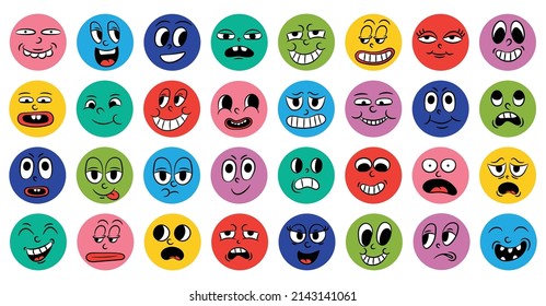 Set of cartoon comic funny faces in retro style with different expressions of emotions. Abstract round icons of heads of emotional characters. Emoji people animation in 50s 60s style. vector.