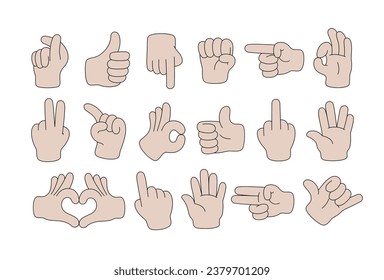 Set of Cartoon comic hands gestures with different signs and symbols. Gesturing human arms in doodle style. Hands poses. Vector illustration