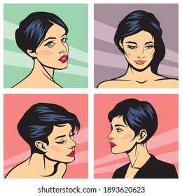 set of cartoon comic pop art style female portraits, vector illustrations with heads of young beautiful ladies