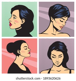 set of cartoon comic pop art style female portraits, vector illustrations with heads of young beautiful ladies