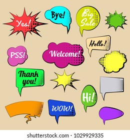 Set of Cartoon, Comic Speech Bubbles. Colored Dialog Clouds with Halftone Dot in Pop Art Style. Vector Illustration for Comics Book. Speech Bubbles with Word and Sound Illustration
