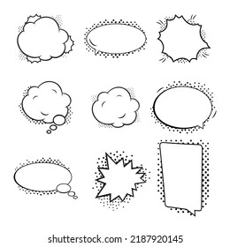 Set of cartoon, comic speech bubbles. Empty dialog clouds with halftone dot background in retro style