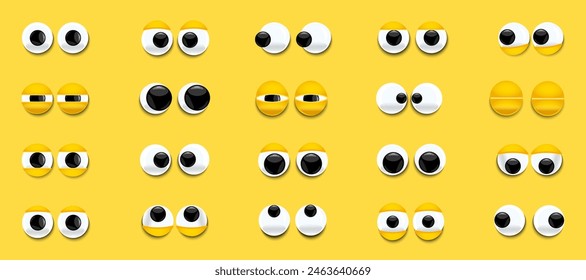 Set of cartoon, comical eyes. Cute character with round eyes and eyelashes.
Shiny, bulging, eyes with emotions. Angry looking down, up, left, right. Shaky, stupid, funny pairs of eyes. Vector