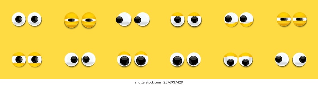 Set of cartoon, comical eyes. Cute character with round eyes and eyelashes. Shiny, bulging, eyes with emotions. Angry looking down, up, left, right. Shaky, stupid, funny pairs of eyes. Vector	