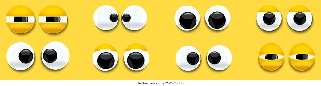 Set of cartoon, comical eyes. Cute character with round eyes and eyelashes. Shiny, bulging, eyes with emotions. Angry looking down, up, left, right. Shaky, stupid, funny pairs of eyes. Vector	