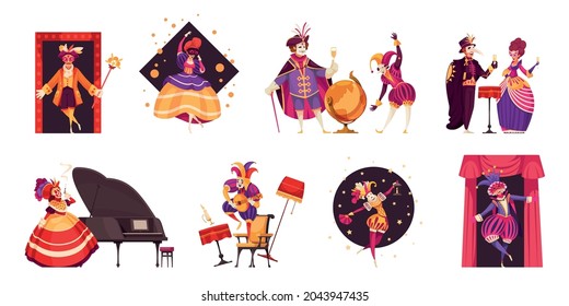 Conjunto de composiciones de dibujos animados con hombres y mujeres con hermosos trajes de carnaval veneciano y máscaras bailando con instrumentos musicales beber champán ilustraciones vectoriales aisladas