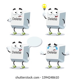 set of cartoon computer key button delete character mascot on white background