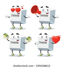 set of cartoon computer key button delete character mascot on white background